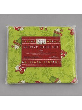 DEBBIE MUMM Queen Size Festive Flannel Sheet Set Christmas Holiday Hot Chocolate